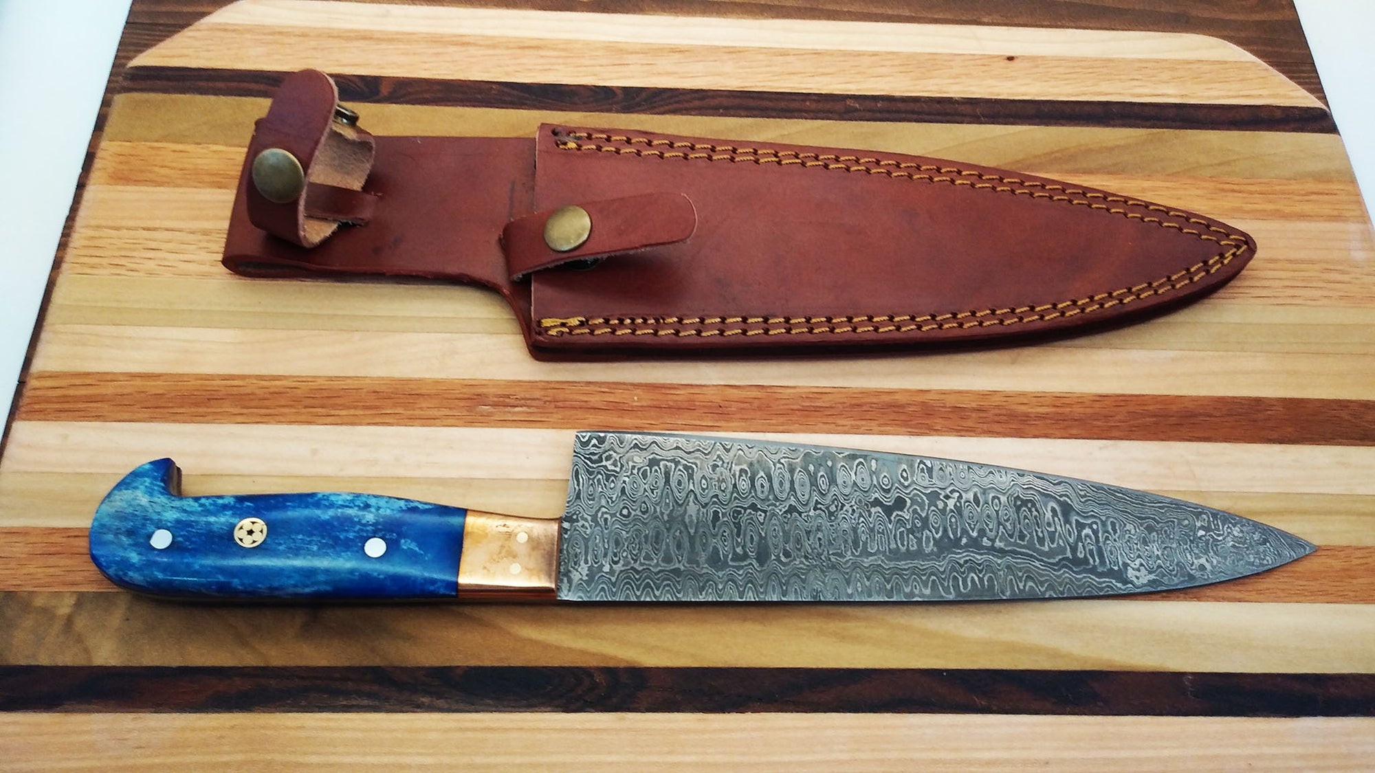 Damascus Chef's Knife - Blue Camel Bone Handle | Jager Knives