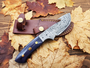 Damascus Steel Skinning Knife with Bone Handle and Gut Hook