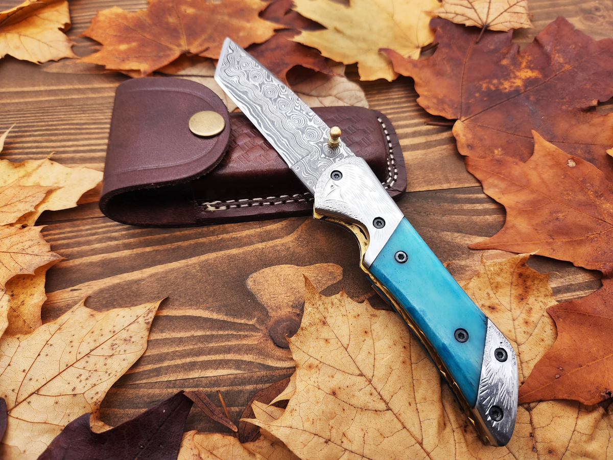 Tanto Blade Damascus Pocket Knife Custom Handmade Knife