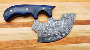 Alaskan Ulu Knife with Damascus Steel Blade (Blue and Black Handle)