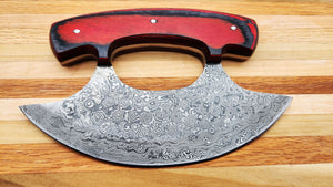 Alaskan Ulu Knife with Damascus Steel Blade (Red and Black Handle)