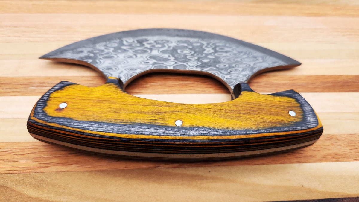 Alaskan Ulu Knife with Damascus Steel Blade (Orange and Black Handle ...