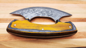 Alaskan Ulu Knife with Damascus Steel Blade (Orange and Black Handle)