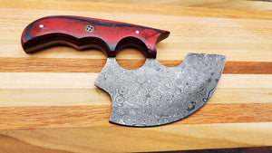 Alaskan Ulu Knife with Damascus Steel Blade (Red and Black Handle)